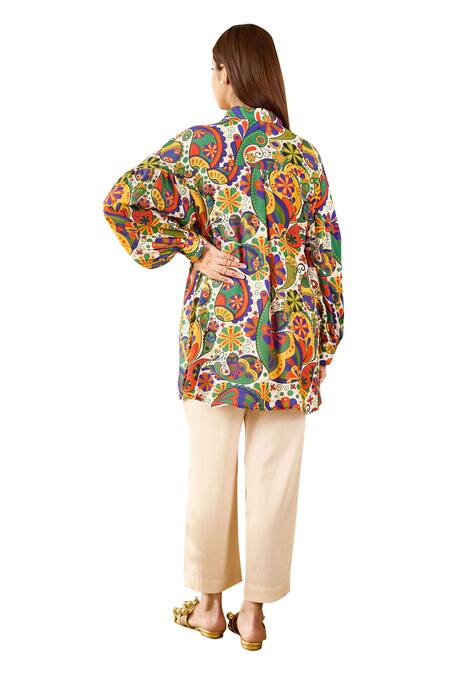 Buy_Rainas_White Cotton, Silk Sequins Shawl Neck Graphic Print Shirt With Pant _Online_at_Aza_Fashions