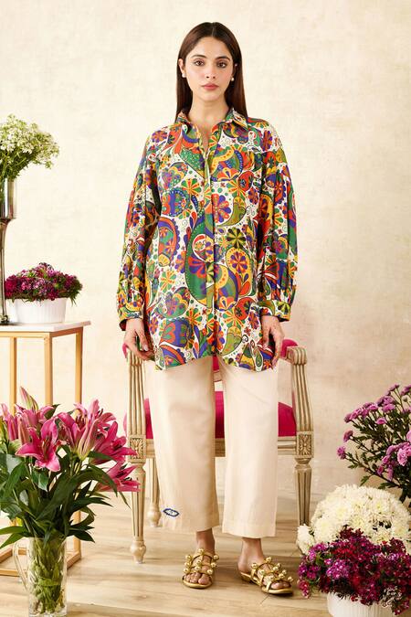 Shop_Rainas_White Cotton, Silk Sequins Shawl Neck Graphic Print Shirt With Pant _Online_at_Aza_Fashions