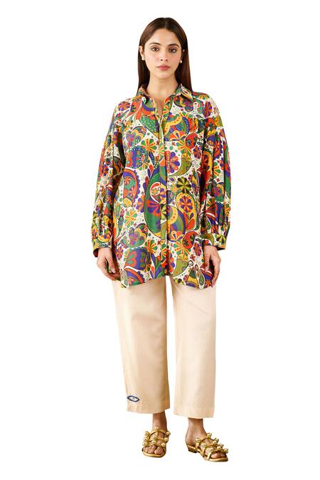 Rainas_White Cotton, Silk Sequins Shawl Neck Graphic Print Shirt With Pant _at_Aza_Fashions