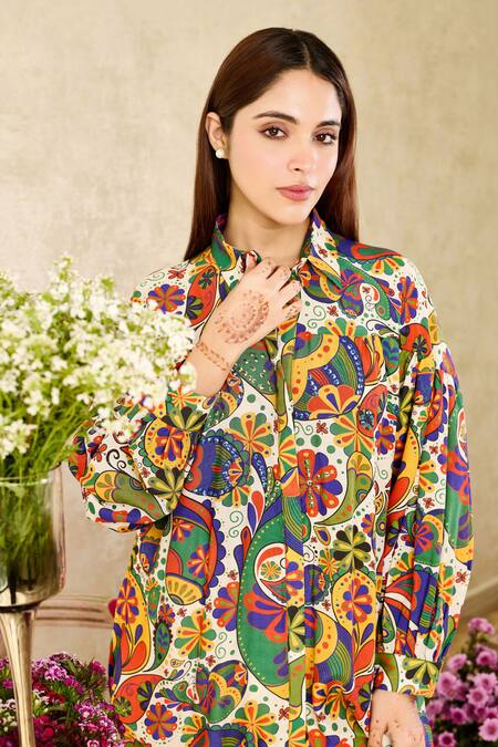 Shop_Rainas_White Cotton, Silk Sequins Shawl Neck Graphic Print Shirt With Pant 