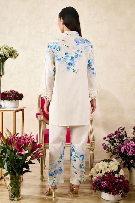 Shop Rainas Beige Linen Lace Mandarin Collar Orchid Print Tunic With Pant at Aza Fashions Shop_Rainas_Beige Linen Lace Mandarin Collar Orchid Print Tunic With Pant_at_Aza_Fashions