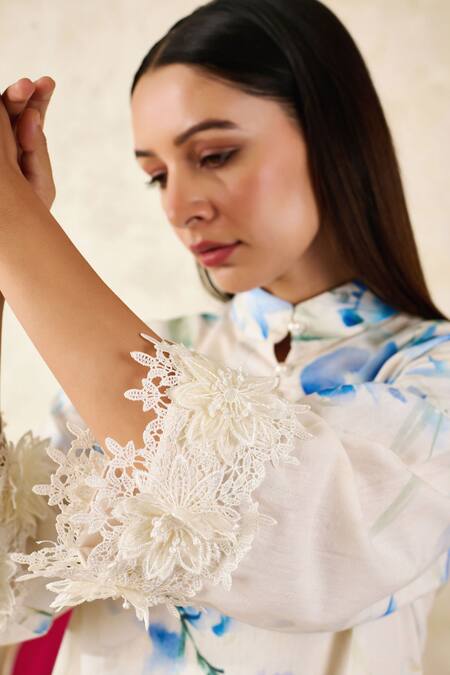 Buy Rainas Beige Linen Lace Mandarin Collar Orchid Print Tunic With Pant Online at Aza Fashions Buy_Rainas_Beige Linen Lace Mandarin Collar Orchid Print Tunic With Pant_Online_at_Aza_Fashions