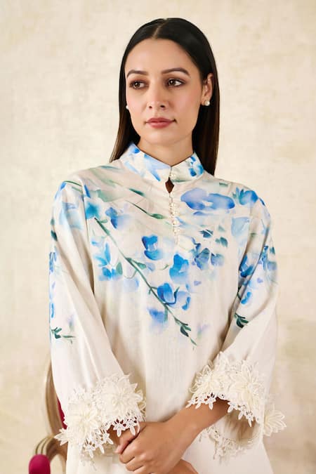 Rainas Beige Linen Lace Mandarin Collar Orchid Print Tunic With Pant at Aza Fashions Rainas_Beige Linen Lace Mandarin Collar Orchid Print Tunic With Pant_at_Aza_Fashions