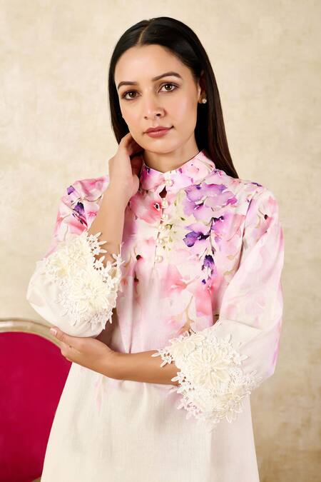 Buy Rainas Beige Linen Lace Mandarin Collar Floral Blossom Print Tunic With Pant Online at Aza Fashions Buy_Rainas_Beige Linen Lace Mandarin Collar Floral Blossom Print Tunic With Pant _Online_at_Aza_Fashions