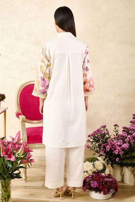 Shop Rainas Off White Linen Lace Collared Cherry Blossom Print Tunic With Pant at Aza Fashions Shop_Rainas_Off White Linen Lace Collared Cherry Blossom Print Tunic With Pant_at_Aza_Fashions