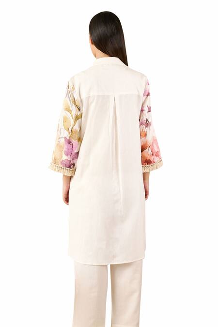 Rainas Off White Linen Lace Collared Cherry Blossom Print Tunic With Pant Online at Aza Fashions Rainas_Off White Linen Lace Collared Cherry Blossom Print Tunic With Pant_Online_at_Aza_Fashions