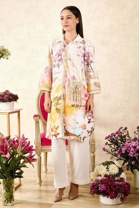 Shop Rainas Off White Linen Lace Collared Cherry Blossom Print Tunic With Pant Online at Aza Fashions Shop_Rainas_Off White Linen Lace Collared Cherry Blossom Print Tunic With Pant_Online_at_Aza_Fashions