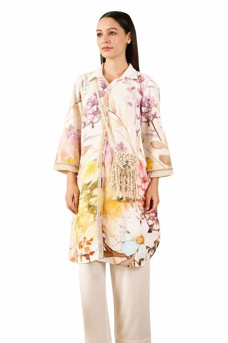 Buy Rainas Off White Linen Lace Collared Cherry Blossom Print Tunic With Pant Buy_Rainas_Off White Linen Lace Collared Cherry Blossom Print Tunic With Pant
