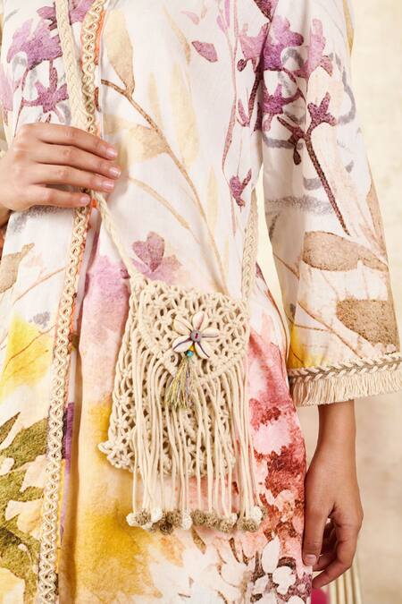 Shop Rainas Off White Linen Lace Collared Cherry Blossom Print Tunic With Pant Shop_Rainas_Off White Linen Lace Collared Cherry Blossom Print Tunic With Pant