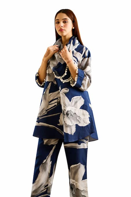 Shop_Rainas_Blue Linen, Chiffon Mandarin Collar Lily Print Tunic Pant Set _Online_at_Aza_Fashions