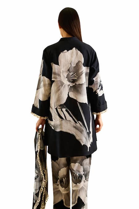 Rainas Black Linen, Chiffon Lace Mandarin Collar Lily Flower Print Tunic Pant Set Online at Aza Fashions Rainas_Black Linen, Chiffon Lace Mandarin Collar Lily Flower Print Tunic Pant Set_Online_at_Aza_Fashions