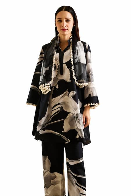 Shop Rainas Black Linen, Chiffon Lace Mandarin Collar Lily Flower Print Tunic Pant Set Online at Aza Fashions Shop_Rainas_Black Linen, Chiffon Lace Mandarin Collar Lily Flower Print Tunic Pant Set_Online_at_Aza_Fashions