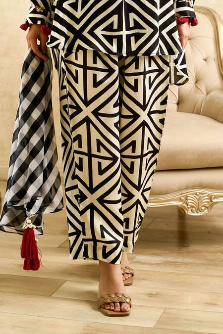 Buy Rainas Black Satin, Chiffon Tassels, Sequins Geometric Print High-low Top Pant Set Online at Aza Fashions Buy_Rainas_Black Satin, Chiffon Tassels, Sequins Geometric Print High-low Top Pant Set _Online_at_Aza_Fashions