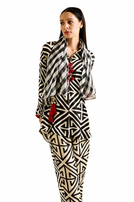 Rainas Black Satin, Chiffon Tassels, Sequins Geometric Print High-low Top Pant Set at Aza Fashions Rainas_Black Satin, Chiffon Tassels, Sequins Geometric Print High-low Top Pant Set _at_Aza_Fashions