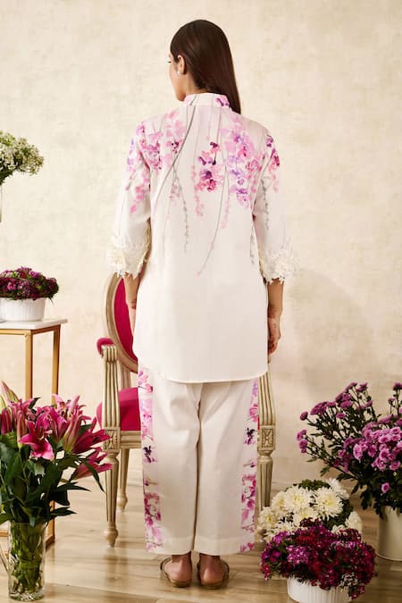Shop Rainas Off White Linen Lace Mandarin Collar Sakura Print Tunic With Pant at Aza Fashions Shop_Rainas_Off White Linen Lace Mandarin Collar Sakura Print Tunic With Pant_at_Aza_Fashions