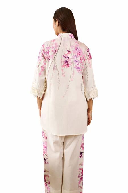 Rainas Off White Linen Lace Mandarin Collar Sakura Print Tunic With Pant Online at Aza Fashions Rainas_Off White Linen Lace Mandarin Collar Sakura Print Tunic With Pant_Online_at_Aza_Fashions