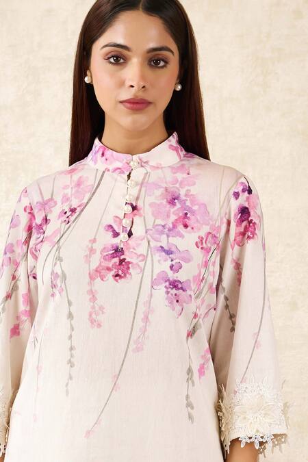 Buy Rainas Off White Linen Lace Mandarin Collar Sakura Print Tunic With Pant Online at Aza Fashions Buy_Rainas_Off White Linen Lace Mandarin Collar Sakura Print Tunic With Pant_Online_at_Aza_Fashions