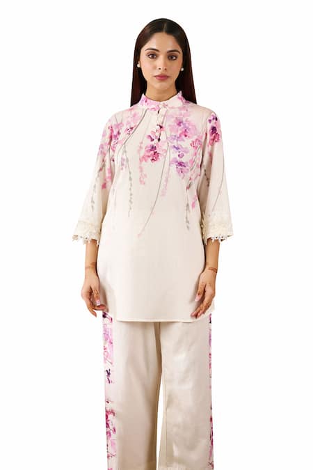 Rainas Off White Linen Lace Mandarin Collar Sakura Print Tunic With Pant at Aza Fashions Rainas_Off White Linen Lace Mandarin Collar Sakura Print Tunic With Pant_at_Aza_Fashions