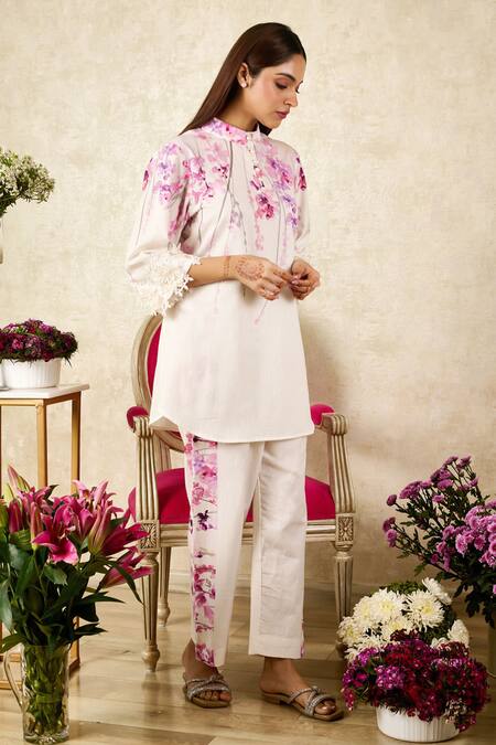 Buy Rainas Off White Linen Lace Mandarin Collar Sakura Print Tunic With Pant Buy_Rainas_Off White Linen Lace Mandarin Collar Sakura Print Tunic With Pant