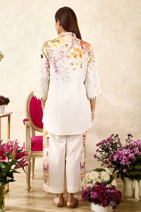 Shop Rainas Off White Linen Lace Mandarin Collar Floral Bouquet Print Tunic With Pant at Aza Fashions Shop_Rainas_Off White Linen Lace Mandarin Collar Floral Bouquet Print Tunic With Pant_at_Aza_Fashions