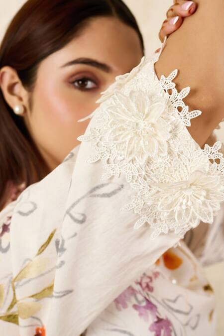 Rainas Off White Linen Lace Mandarin Collar Floral Bouquet Print Tunic With Pant Online at Aza Fashions Rainas_Off White Linen Lace Mandarin Collar Floral Bouquet Print Tunic With Pant_Online_at_Aza_Fashions