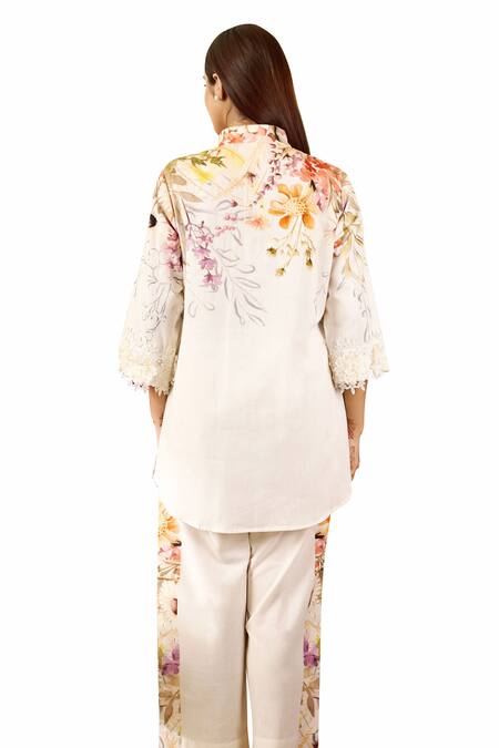 Buy Rainas Off White Linen Lace Mandarin Collar Floral Bouquet Print Tunic With Pant Online at Aza Fashions Buy_Rainas_Off White Linen Lace Mandarin Collar Floral Bouquet Print Tunic With Pant_Online_at_Aza_Fashions