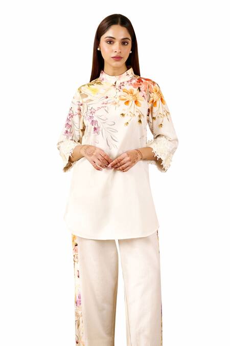 Shop Rainas Off White Linen Lace Mandarin Collar Floral Bouquet Print Tunic With Pant Online at Aza Fashions Shop_Rainas_Off White Linen Lace Mandarin Collar Floral Bouquet Print Tunic With Pant_Online_at_Aza_Fashions