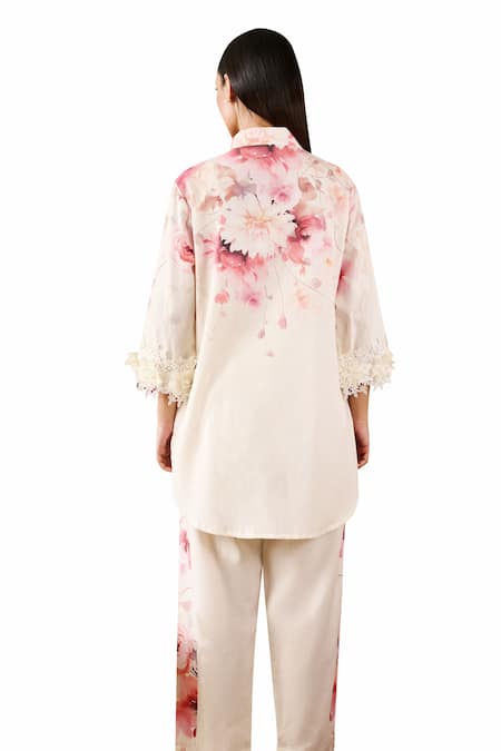 Rainas_Off White Linen Lace Mandarin Collar Lotus Print Tunic With Pant_Online_at_Aza_Fashions