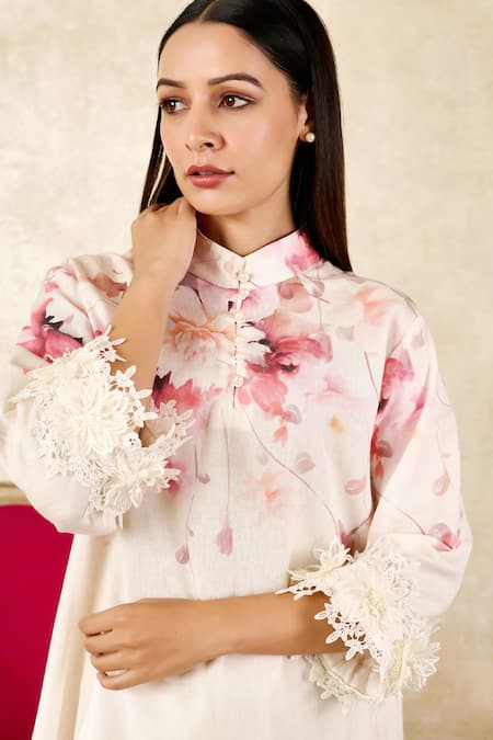 Buy_Rainas_Off White Linen Lace Mandarin Collar Lotus Print Tunic With Pant_Online_at_Aza_Fashions