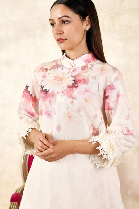 Shop_Rainas_Off White Linen Lace Mandarin Collar Lotus Print Tunic With Pant_Online_at_Aza_Fashions