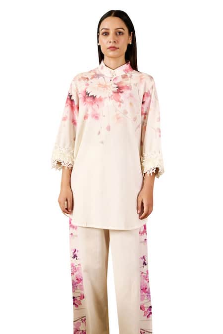 Shop_Rainas_Off White Linen Lace Mandarin Collar Lotus Print Tunic With Pant