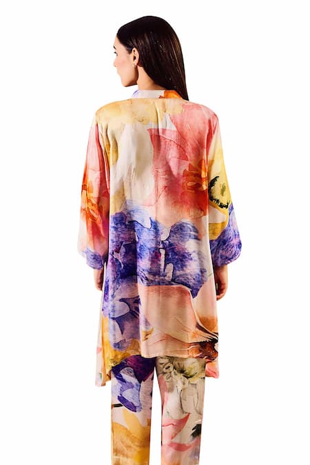 Rainas_Multi Color Cotton, Chiffon, Satin Watercolour Print Asymmetric Tunic Pant Set_Online_at_Aza_Fashions