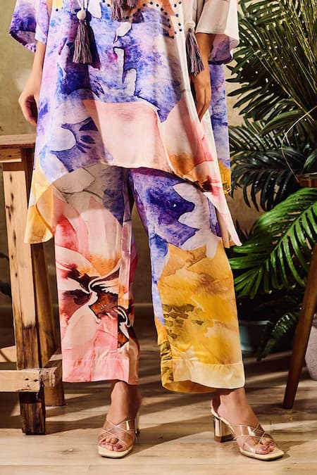 Buy_Rainas_Multi Color Cotton, Chiffon, Satin Watercolour Print Asymmetric Tunic Pant Set_Online_at_Aza_Fashions