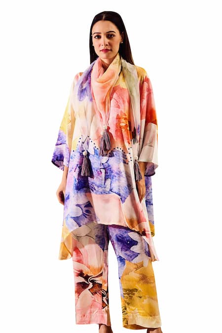 Shop_Rainas_Multi Color Cotton, Chiffon, Satin Watercolour Print Asymmetric Tunic Pant Set_Online_at_Aza_Fashions
