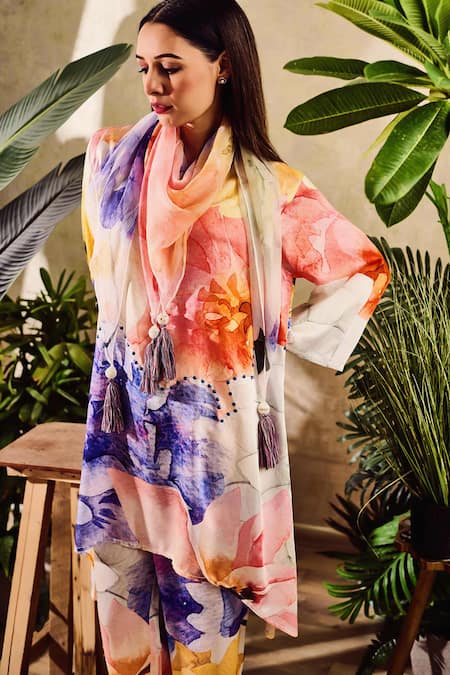 Rainas_Multi Color Cotton, Chiffon, Satin Watercolour Print Asymmetric Tunic Pant Set_at_Aza_Fashions