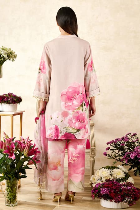 Shop Rainas Beige Linen, Chiffon Embroidery, Mirrors Mandarin Rosebud Print Tunic Pant Set at Aza Fashions Shop_Rainas_Beige Linen, Chiffon Embroidery, Mirrors Mandarin Rosebud Print Tunic Pant Set_at_Aza_Fashions