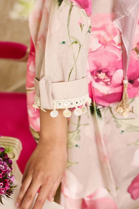 Rainas Beige Linen, Chiffon Embroidery, Mirrors Mandarin Rosebud Print Tunic Pant Set Online at Aza Fashions Rainas_Beige Linen, Chiffon Embroidery, Mirrors Mandarin Rosebud Print Tunic Pant Set_Online_at_Aza_Fashions
