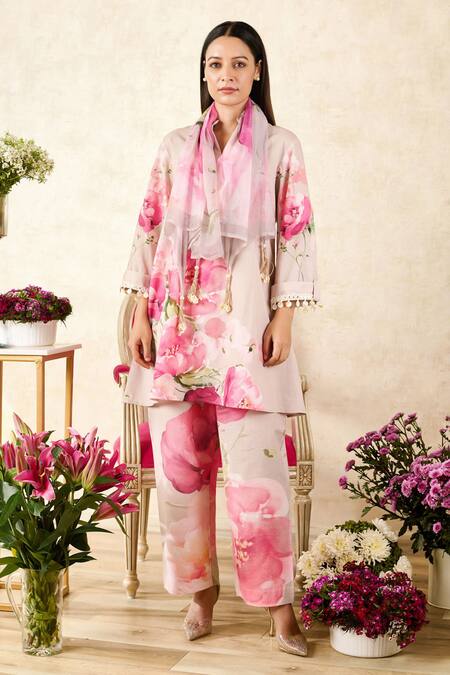Buy Rainas Beige Linen, Chiffon Embroidery, Mirrors Mandarin Rosebud Print Tunic Pant Set Online at Aza Fashions Buy_Rainas_Beige Linen, Chiffon Embroidery, Mirrors Mandarin Rosebud Print Tunic Pant Set_Online_at_Aza_Fashions