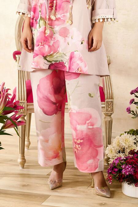 Shop Rainas Beige Linen, Chiffon Embroidery, Mirrors Mandarin Rosebud Print Tunic Pant Set Online at Aza Fashions Shop_Rainas_Beige Linen, Chiffon Embroidery, Mirrors Mandarin Rosebud Print Tunic Pant Set_Online_at_Aza_Fashions