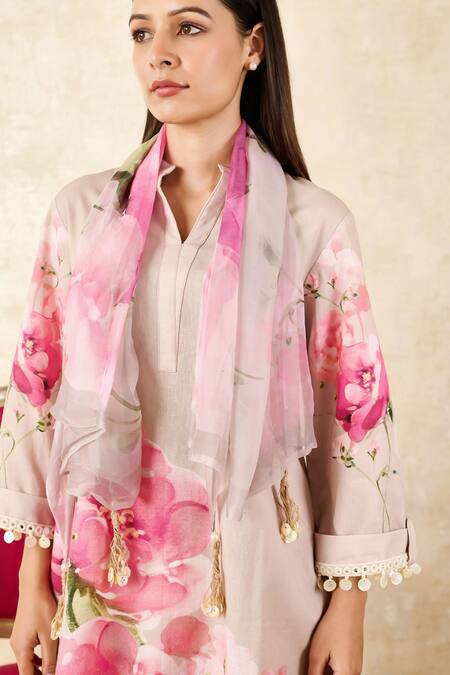 Buy Rainas Beige Linen, Chiffon Embroidery, Mirrors Mandarin Rosebud Print Tunic Pant Set Buy_Rainas_Beige Linen, Chiffon Embroidery, Mirrors Mandarin Rosebud Print Tunic Pant Set