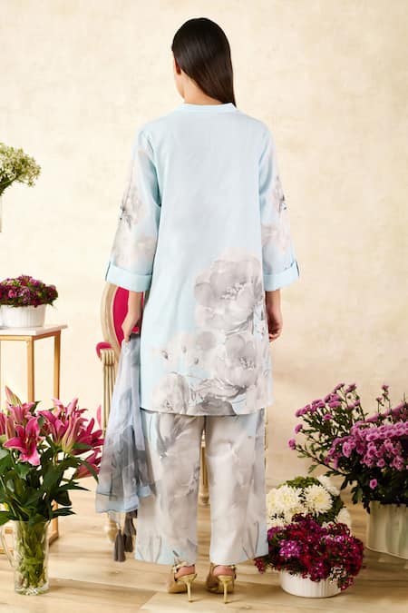Shop Rainas Blue Linen, Chiffon Sequins Mandarin Collar Rosebud Print Tunic Pant Set at Aza Fashions Shop_Rainas_Blue Linen, Chiffon Sequins Mandarin Collar Rosebud Print Tunic Pant Set_at_Aza_Fashions