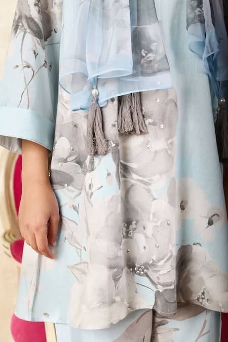 Rainas Blue Linen, Chiffon Sequins Mandarin Collar Rosebud Print Tunic Pant Set Online at Aza Fashions Rainas_Blue Linen, Chiffon Sequins Mandarin Collar Rosebud Print Tunic Pant Set_Online_at_Aza_Fashions