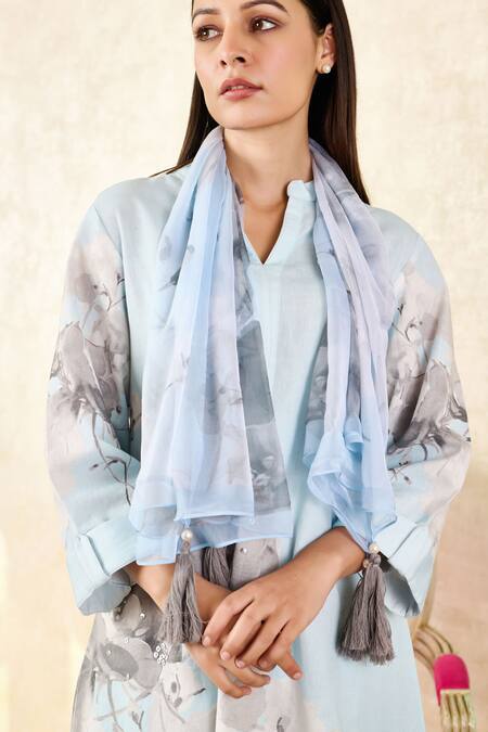 Buy Rainas Blue Linen, Chiffon Sequins Mandarin Collar Rosebud Print Tunic Pant Set Online at Aza Fashions Buy_Rainas_Blue Linen, Chiffon Sequins Mandarin Collar Rosebud Print Tunic Pant Set_Online_at_Aza_Fashions