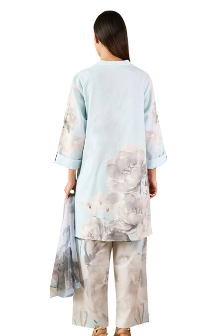 Shop Rainas Blue Linen, Chiffon Sequins Mandarin Collar Rosebud Print Tunic Pant Set Online at Aza Fashions Shop_Rainas_Blue Linen, Chiffon Sequins Mandarin Collar Rosebud Print Tunic Pant Set_Online_at_Aza_Fashions