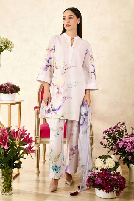 Rainas_Beige Linen, Chiffon Sequins, Tassels Mandarin Collar Iris Print Tunic Pant Set_Online_at_Aza_Fashions