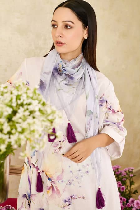 Buy_Rainas_Beige Linen, Chiffon Sequins, Tassels Mandarin Collar Iris Print Tunic Pant Set_Online_at_Aza_Fashions