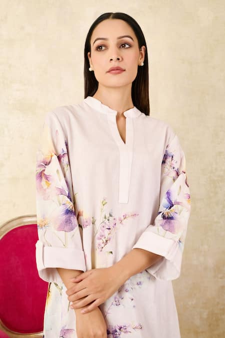 Shop_Rainas_Beige Linen, Chiffon Sequins, Tassels Mandarin Collar Iris Print Tunic Pant Set_Online_at_Aza_Fashions