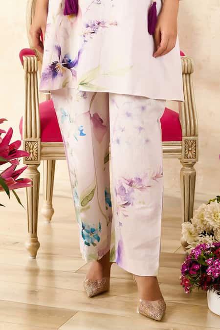 Buy_Rainas_Beige Linen, Chiffon Sequins, Tassels Mandarin Collar Iris Print Tunic Pant Set