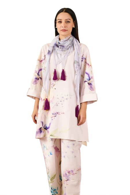 Shop_Rainas_Beige Linen, Chiffon Sequins, Tassels Mandarin Collar Iris Print Tunic Pant Set