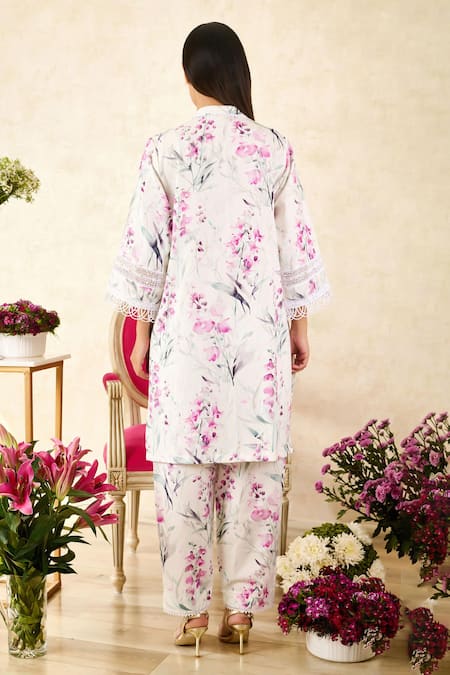 Shop_Rainas_Pink Linen Lace, Beads Mandarin Collar Blossom Print Tunic With Pant _at_Aza_Fashions